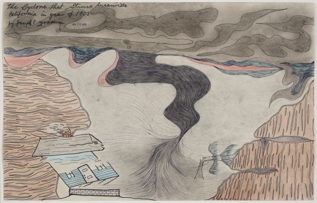 Joseph Yoakum, The Cyclone that Struck Susanville California in Year of 1903, 1970, pencil, ballpoint and felt pens on paper, 12x9 in.